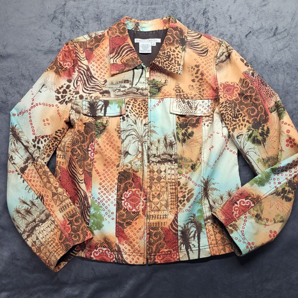 Vtg Maggy London Women’s 12 Full Zip Blazer Jacket 100% Cotton Safari Print